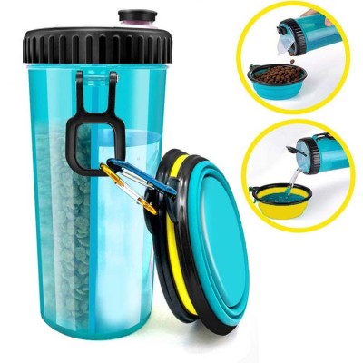 Pet Supplies Dual Chambered Design Water Food Container 2-in-1 Plastic Portable Dog Water Bottle with 2 Collapsible Bowls